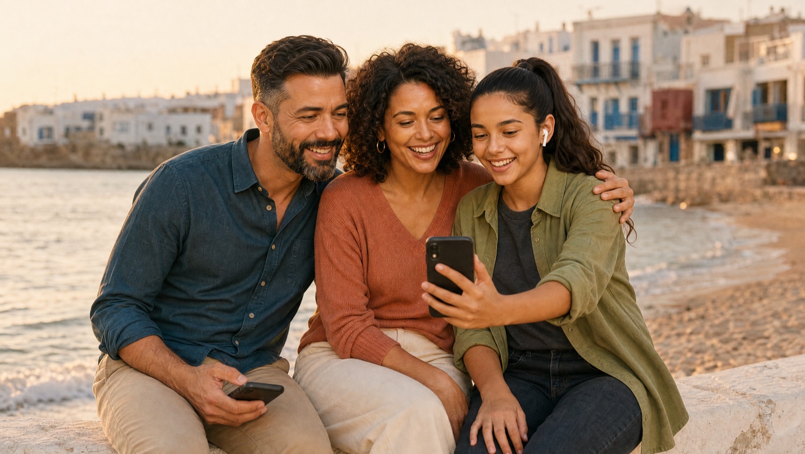 A family checking their phone together by the sea