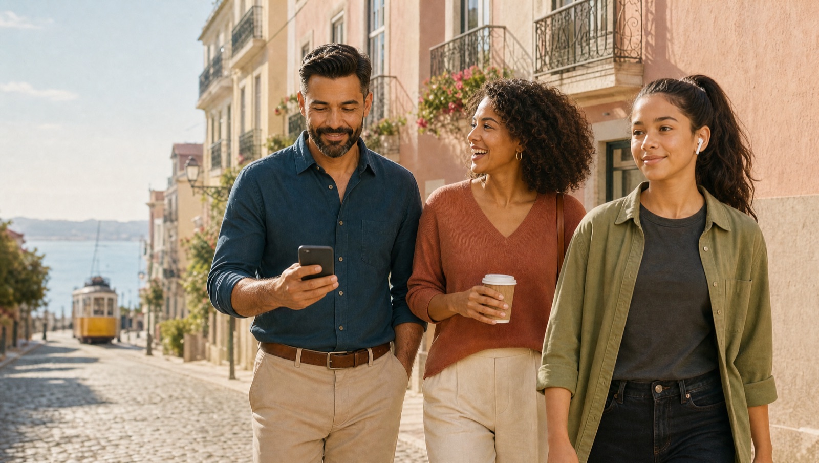 Two parents walking and checking the plan on a phone