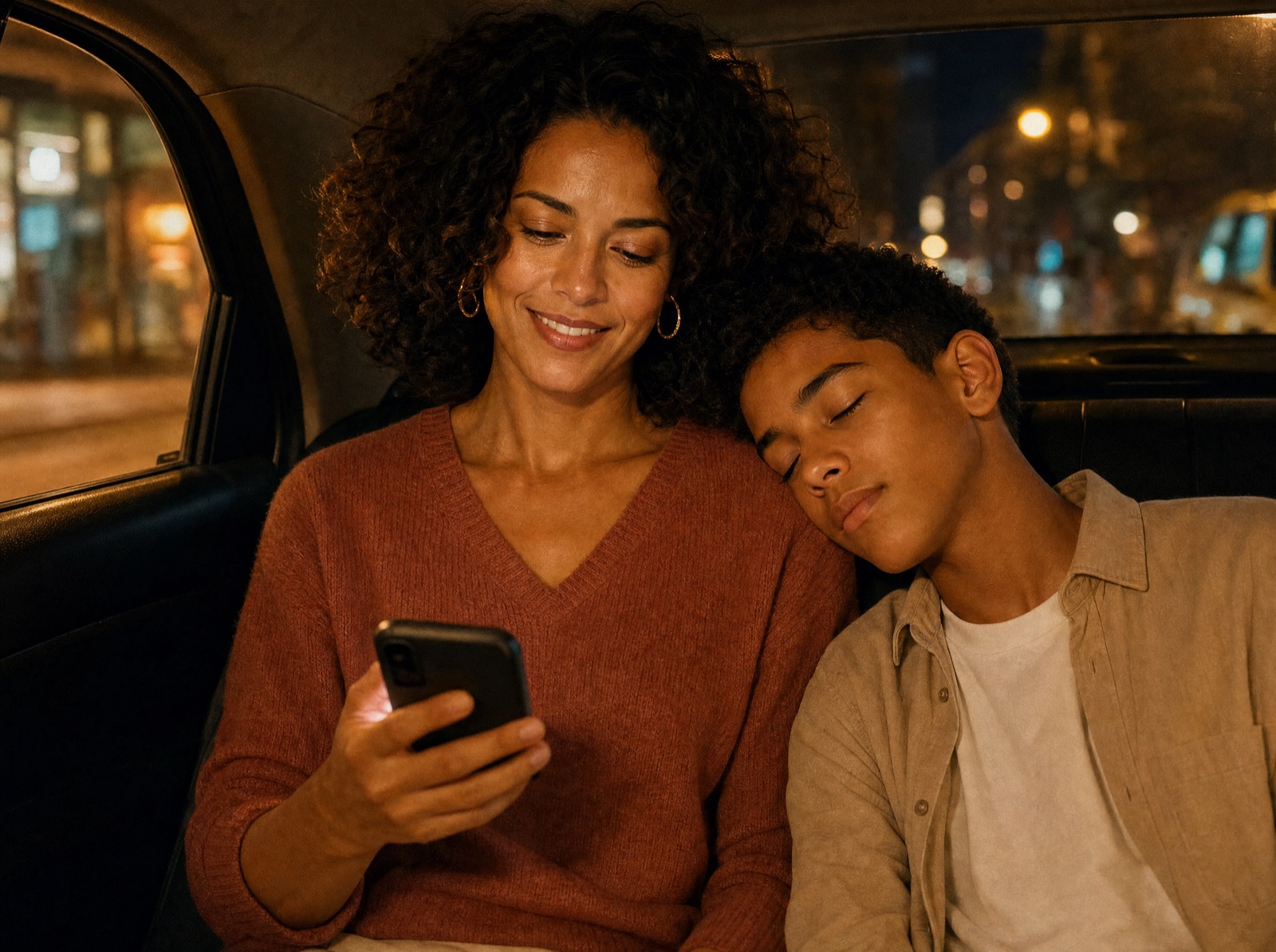 In a taxi at night, a mother reads a reply from support