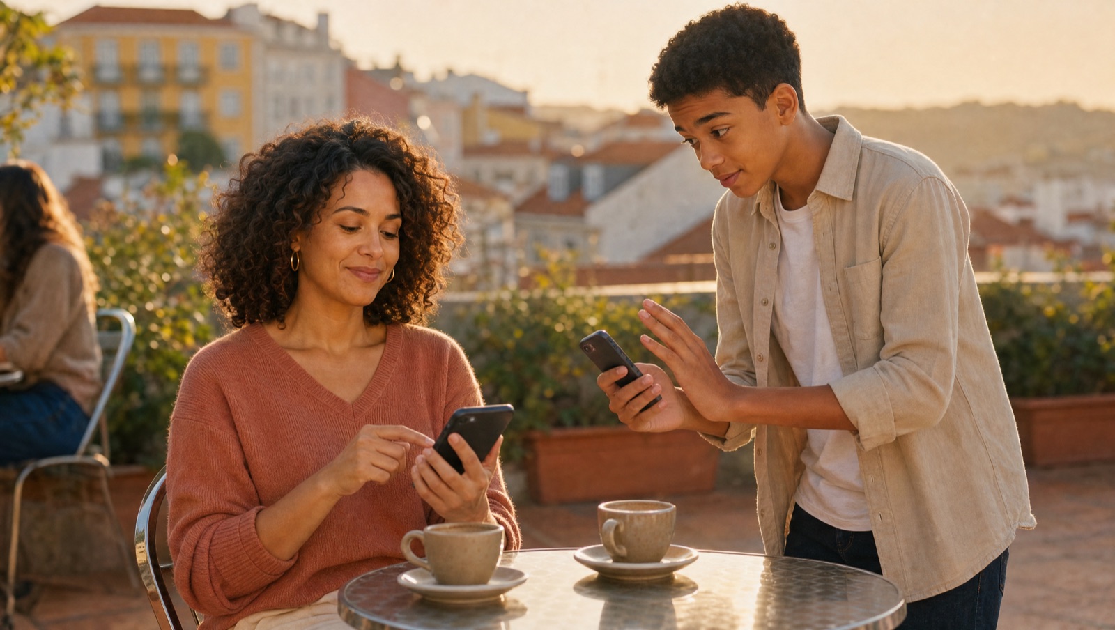 A mother and her son sharing data on a rooftop terrace